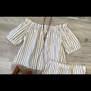 Off the shoulder cream top w/red and blue stripes